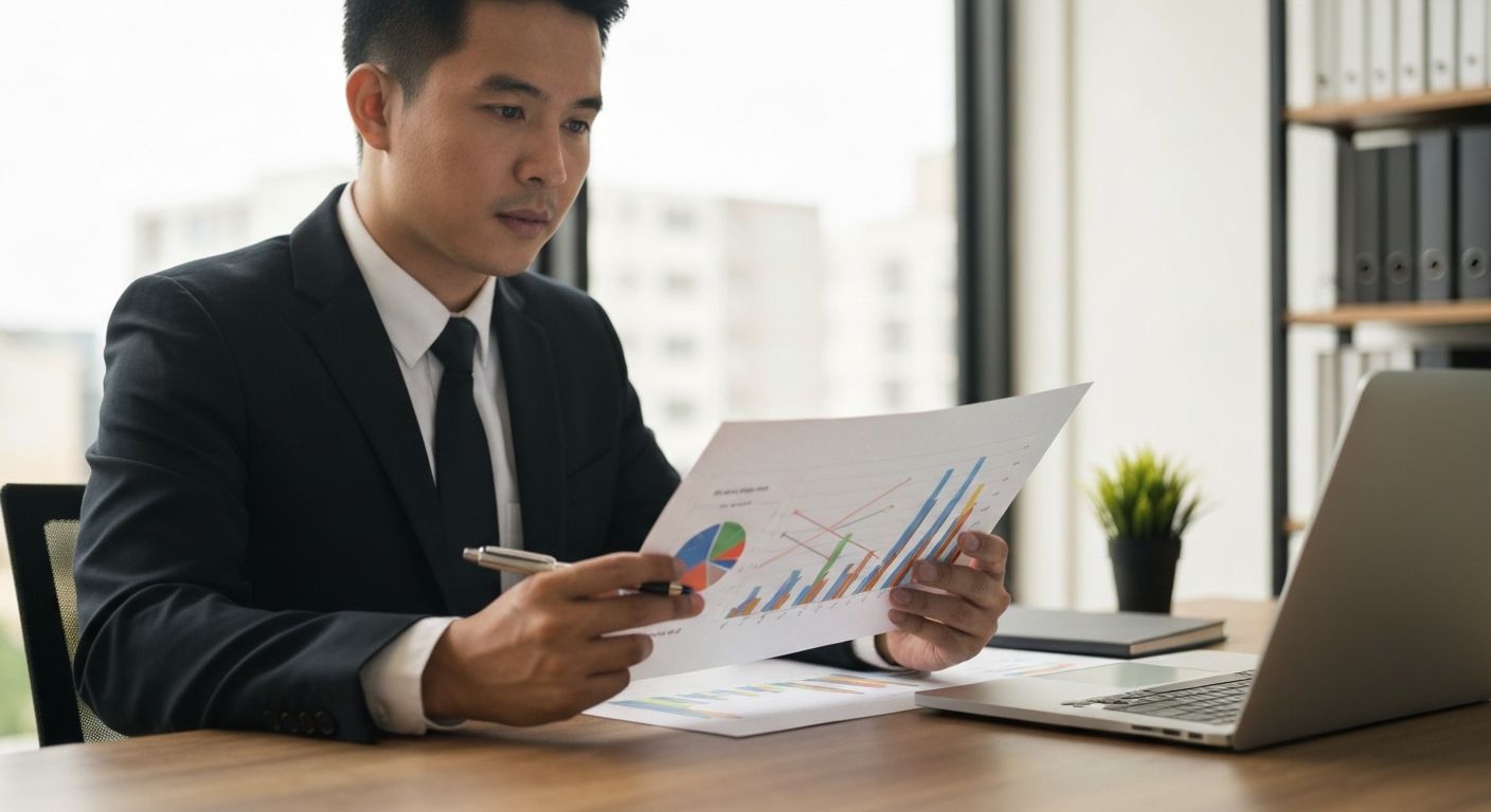 Professional business consultant reviewing financing options and charts at a modern office desk
