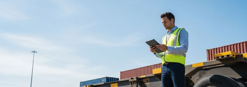 Fleet manager reviewing container chassis at intermodal freight yard