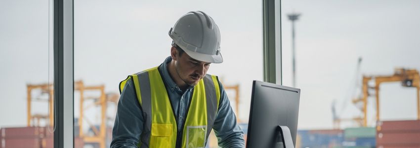 Business professional reviewing container handler financing documents at a port facility