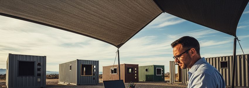 Container home builder reviewing project financing documents at a construction site with shipping containers in the background