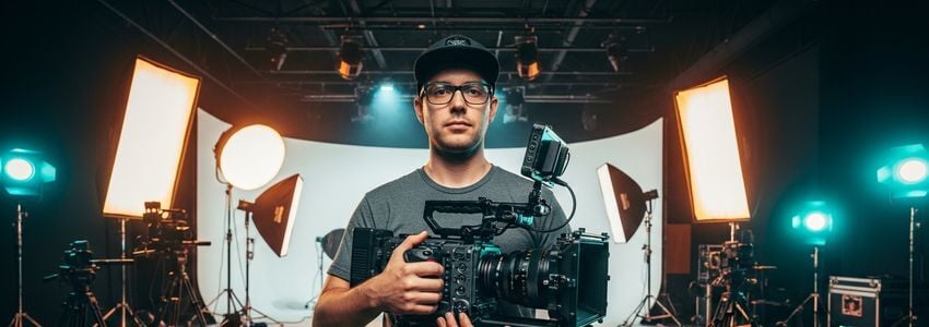 Business professional reviewing equipment financing documents next to professional video production gear