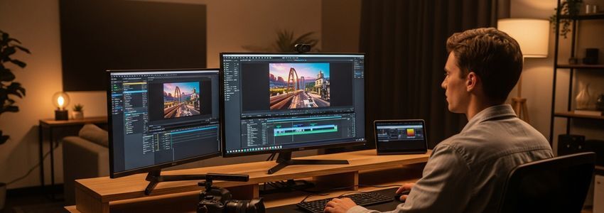 Content creator editing video at professional workstation with cameras and studio equipment