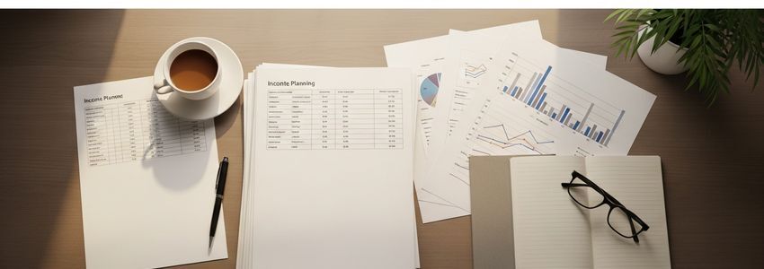 Business team reviewing financial contingency plan documents with charts and projections