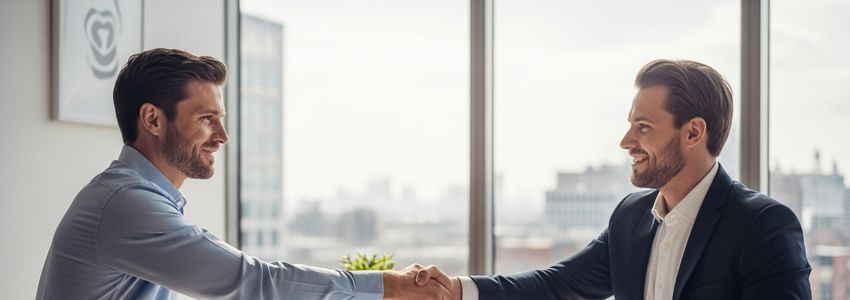 Contractor and loan officer reviewing financing documents at a professional meeting