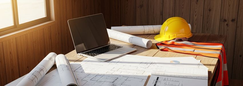 Contractor reviewing loan documents and blueprints at a construction site office