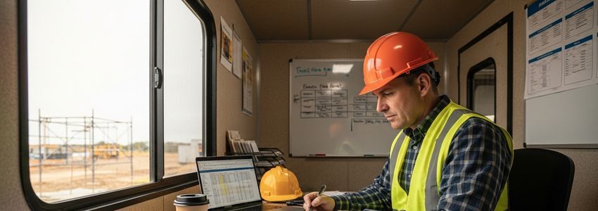 Construction contractor reviewing project finances to manage cash flow with a business line of credit