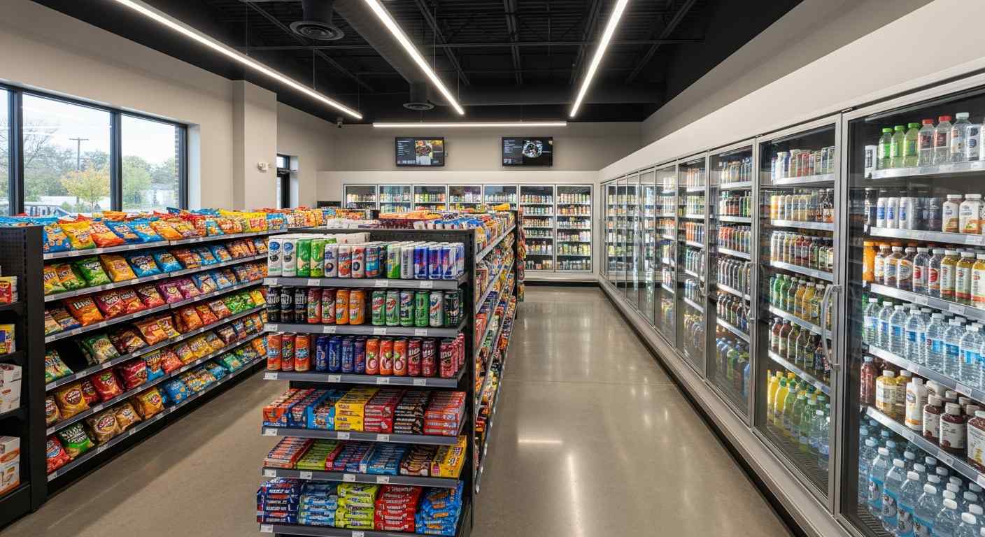 Modern convenience store interior with well-stocked shelves and refrigerated cases — c-store business loans from Crestmont Capital