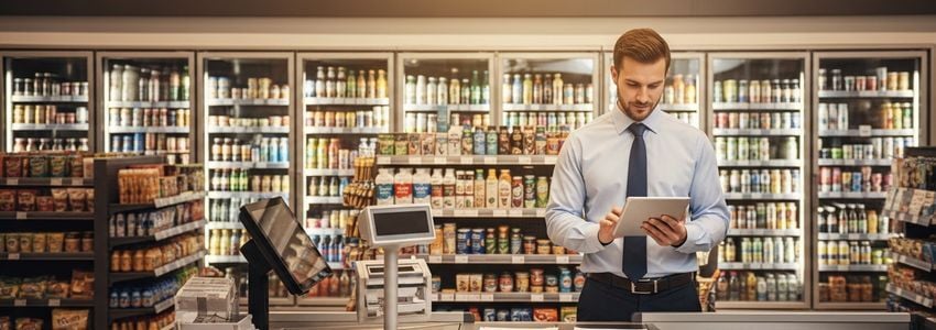 Convenience store owner reviewing business loan documents at the checkout counter