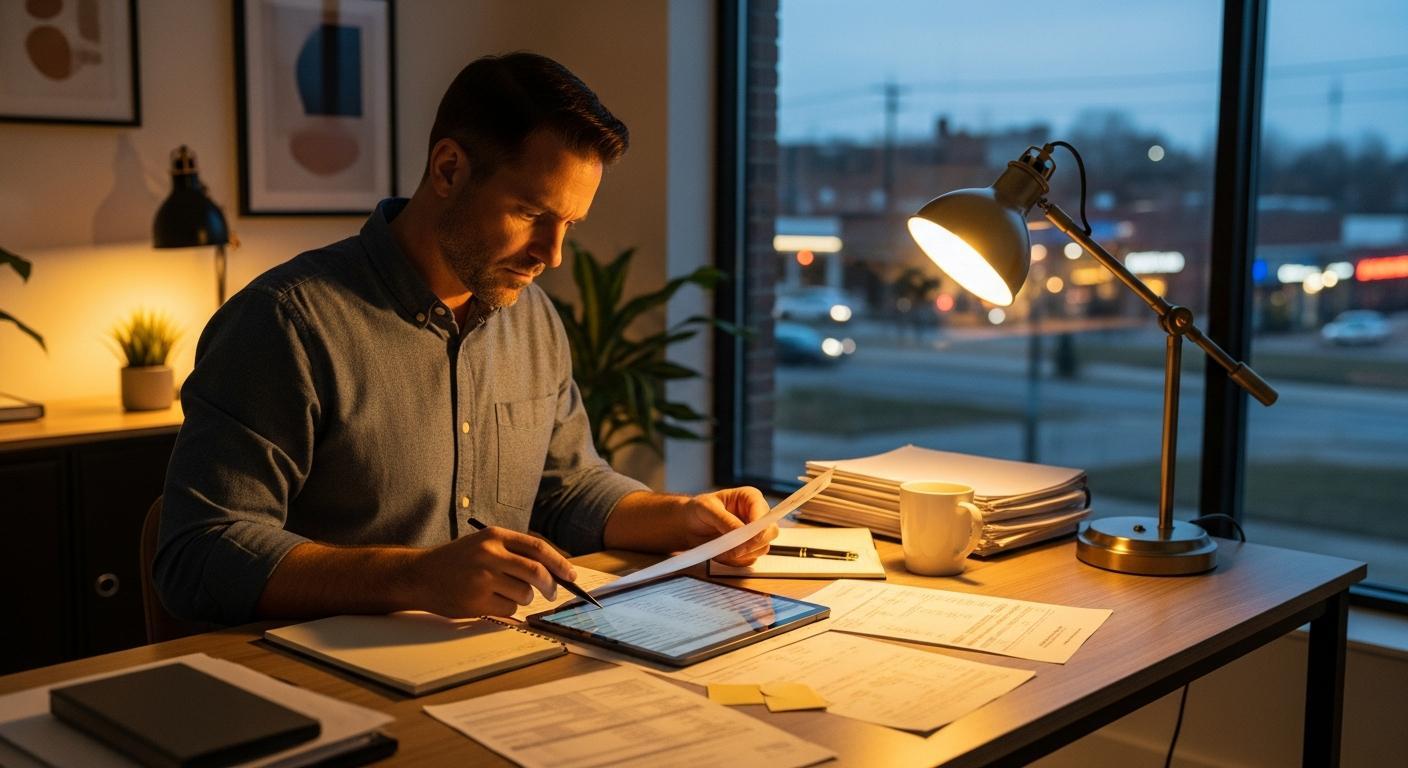 Convenience store owner reviewing business loan options with Crestmont Capital