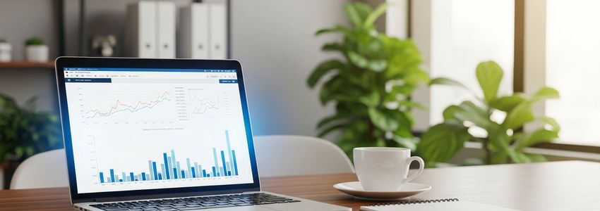 Business professional analyzing financial data and charts on a laptop in a modern office - relevant to convertible notes and startup funding analysis