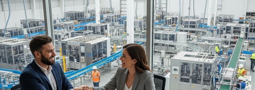 Business owner reviewing converting equipment financing options at packaging facility