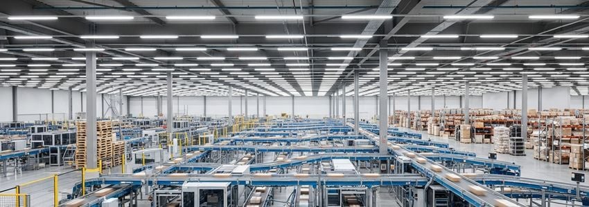 Business owner reviewing conveying equipment financing options at manufacturing facility