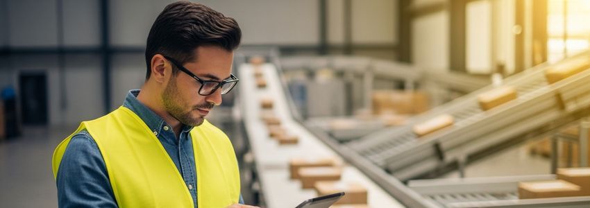Operations manager reviewing tablet beside active conveyor belt system in a warehouse distribution center