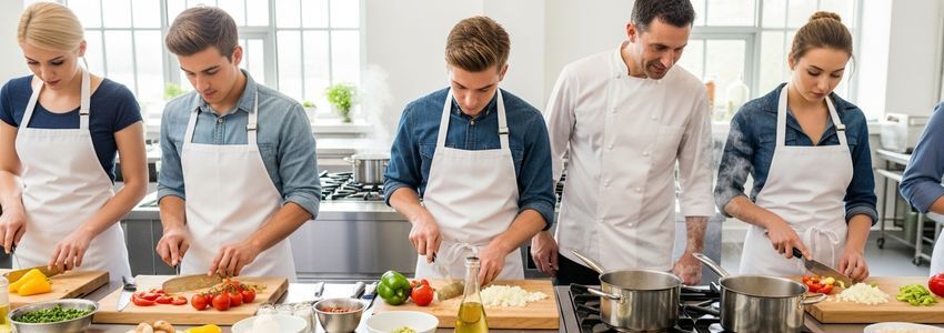 Professional chef teaching a cooking class in a modern culinary studio with students around a prep table