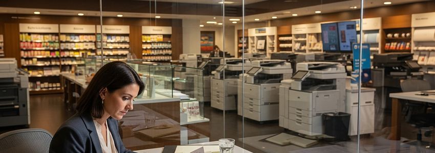 Copy center owner reviewing business loan financing options at their printing business