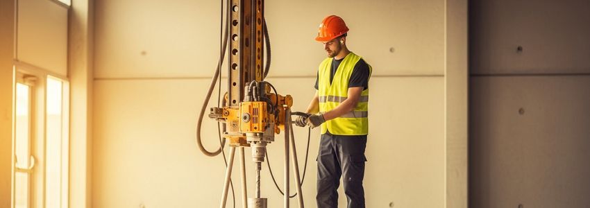 Commercial core drill machine boring through reinforced concrete on a construction site