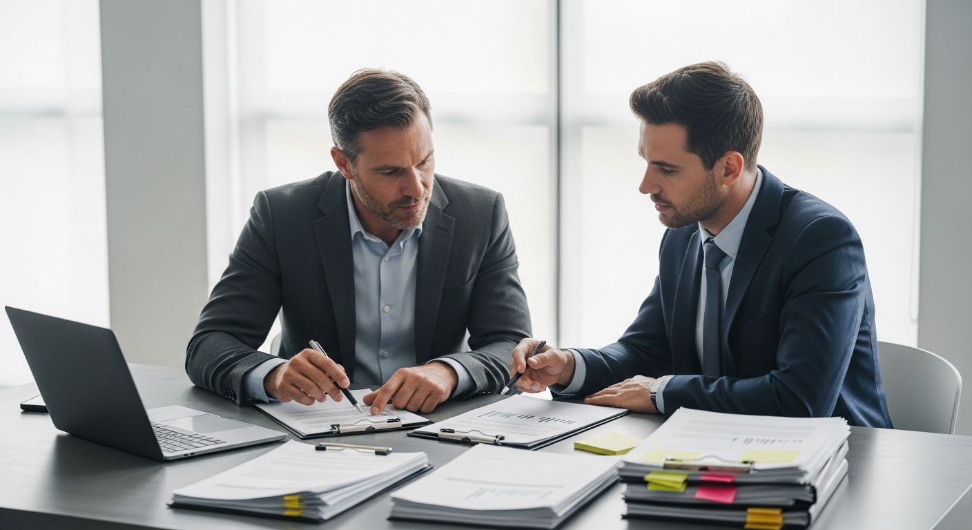 Corporate business owner and financial advisor reviewing loan paperwork at a modern office desk
