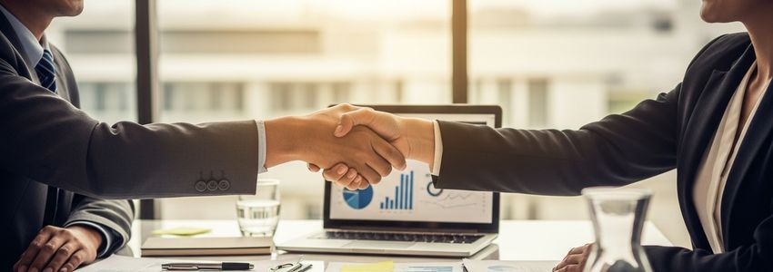 Business lender and small business owner shaking hands after loan approval with co-signer arrangement