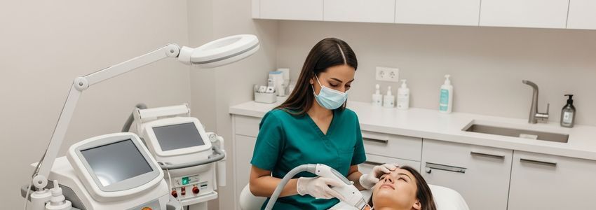 Cosmetic dermatologist performing laser treatment in a professional aesthetic clinic