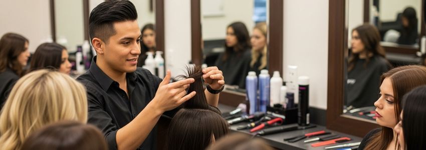 Cosmetology school instructor demonstrating hairstyling to students at professional salon stations