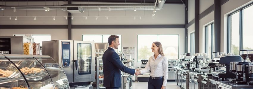 Business professionals reviewing equipment leasing options with financial documents in a modern office