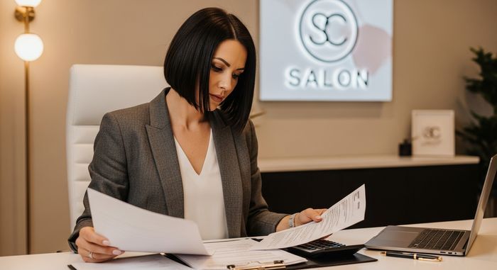Cost Cutters franchise owner reviewing financing paperwork at office desk
