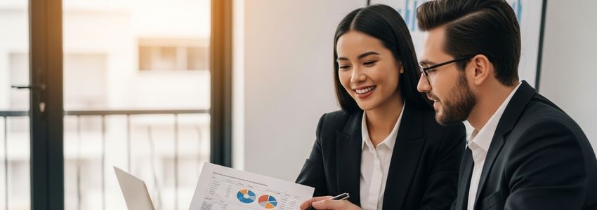 Business professionals reviewing financial charts and cost of debt calculations in a modern office