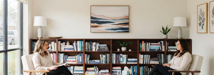 Licensed counselor meeting with client in well-equipped therapy office funded through counseling practice loans