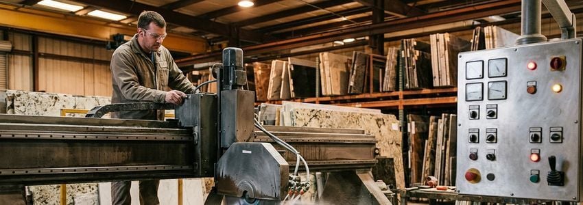 Fabrication shop worker operating a CNC bridge saw cutting a granite countertop slab