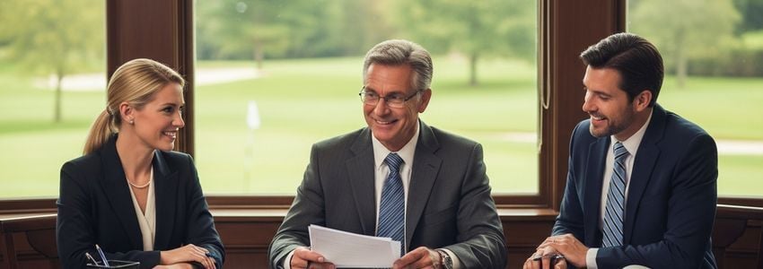 Country club manager reviewing business financing documents with golf course view