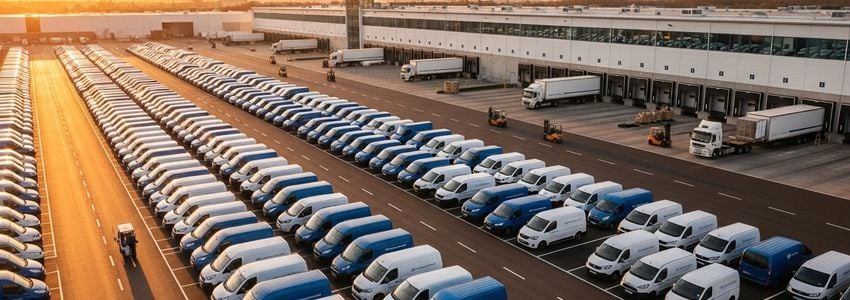 Courier delivery fleet parked at operations depot for courier service business financing