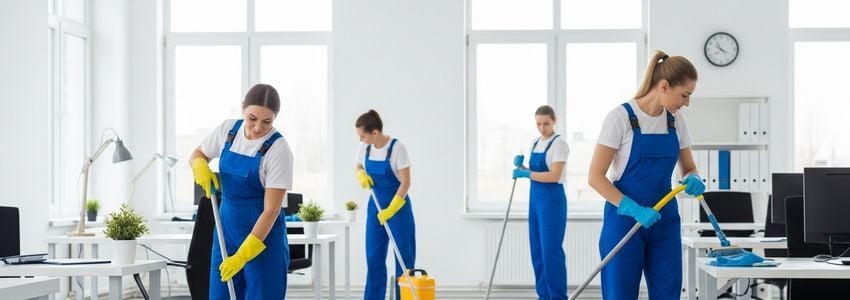 Professional commercial cleaning team working in a modern office - Coverall franchise financing guide
