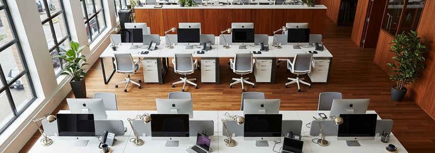 Modern coworking space desks and office equipment ready for shared workspace members