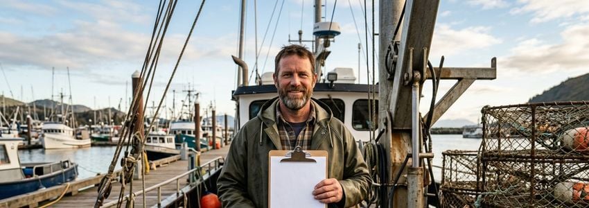 Commercial crab fishing boat owner reviewing financing documents at a dock