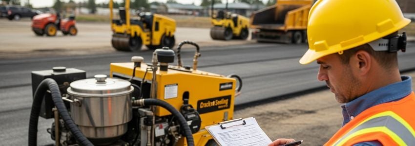 Pavement contractor reviewing crack sealing equipment financing documents on a commercial job site