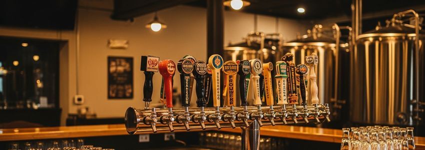 Craft brewery taproom bar with beer taps and fermentation tanks - craft brewery financing