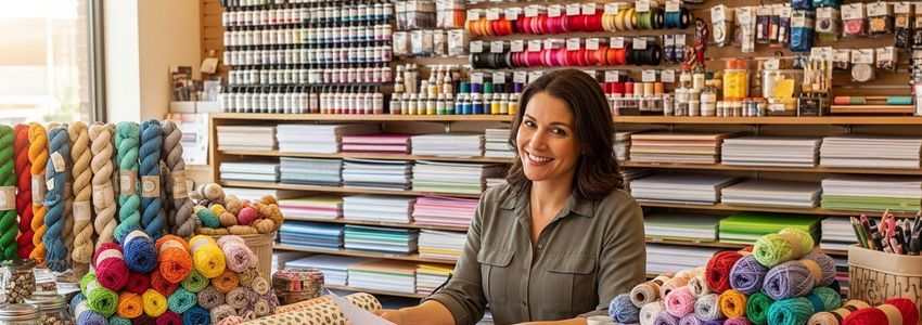 Craft store owner reviewing loan documents and inventory at store counter surrounded by craft supplies and yarn