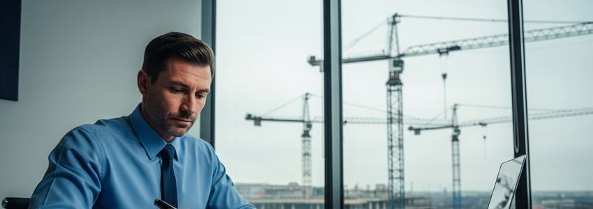Crane rental business owner reviewing equipment financing documents