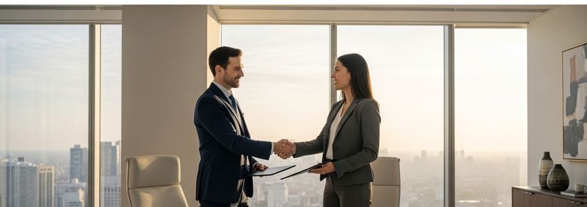 Business professionals completing a commercial real estate financing deal at a modern office