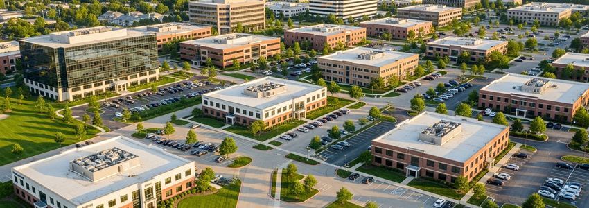 Aerial view of commercial real estate properties showing office buildings and business park