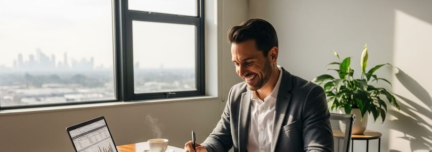 Business owner reviewing commercial real estate loan documents in a professional office setting