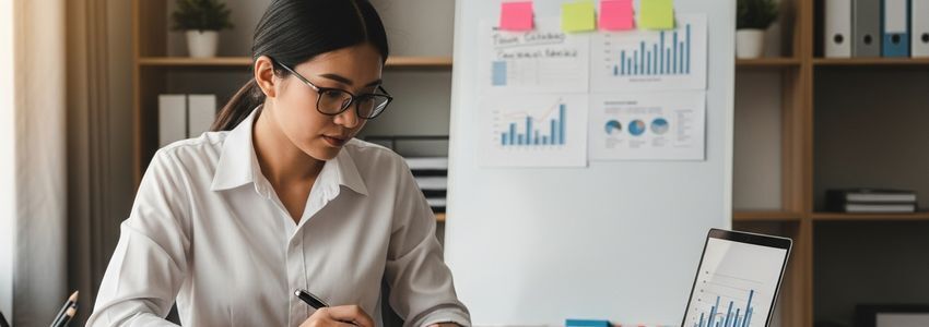 Business owner reviewing financing strategy documents and charts at office desk