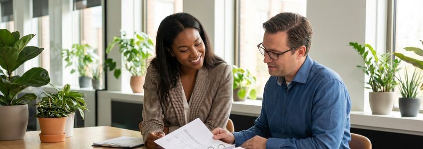A small business owner meeting with a loan officer to review financing options