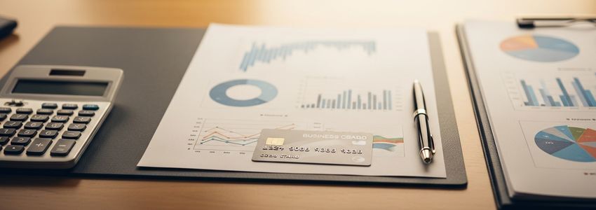 Business owner reviewing credit card and loan financing options at desk