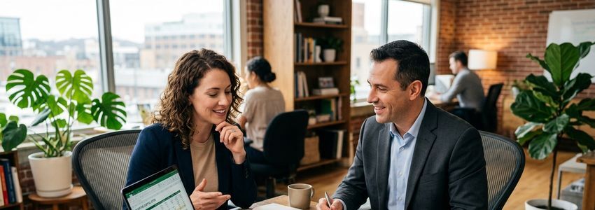 Small business owner reviewing a working capital financing offer with a lender at a desk