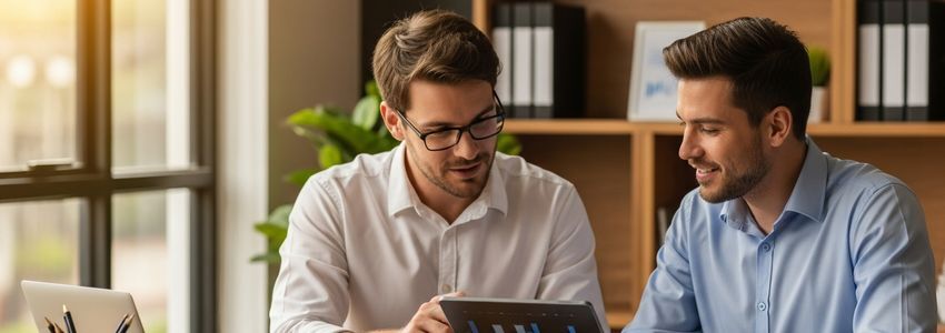 Business professionals reviewing credit line utilization data and financial charts in a modern office setting