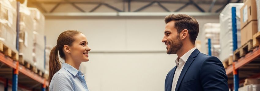 Business owner and supplier partner discussing vendor coordination in a warehouse setting