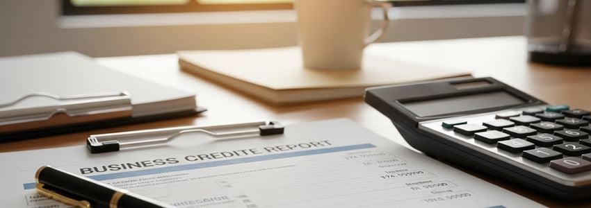 Business credit score report with financial documents and calculator on a desk