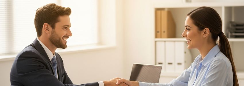 Small business owner shaking hands with a bank representative after successful loan approval meeting