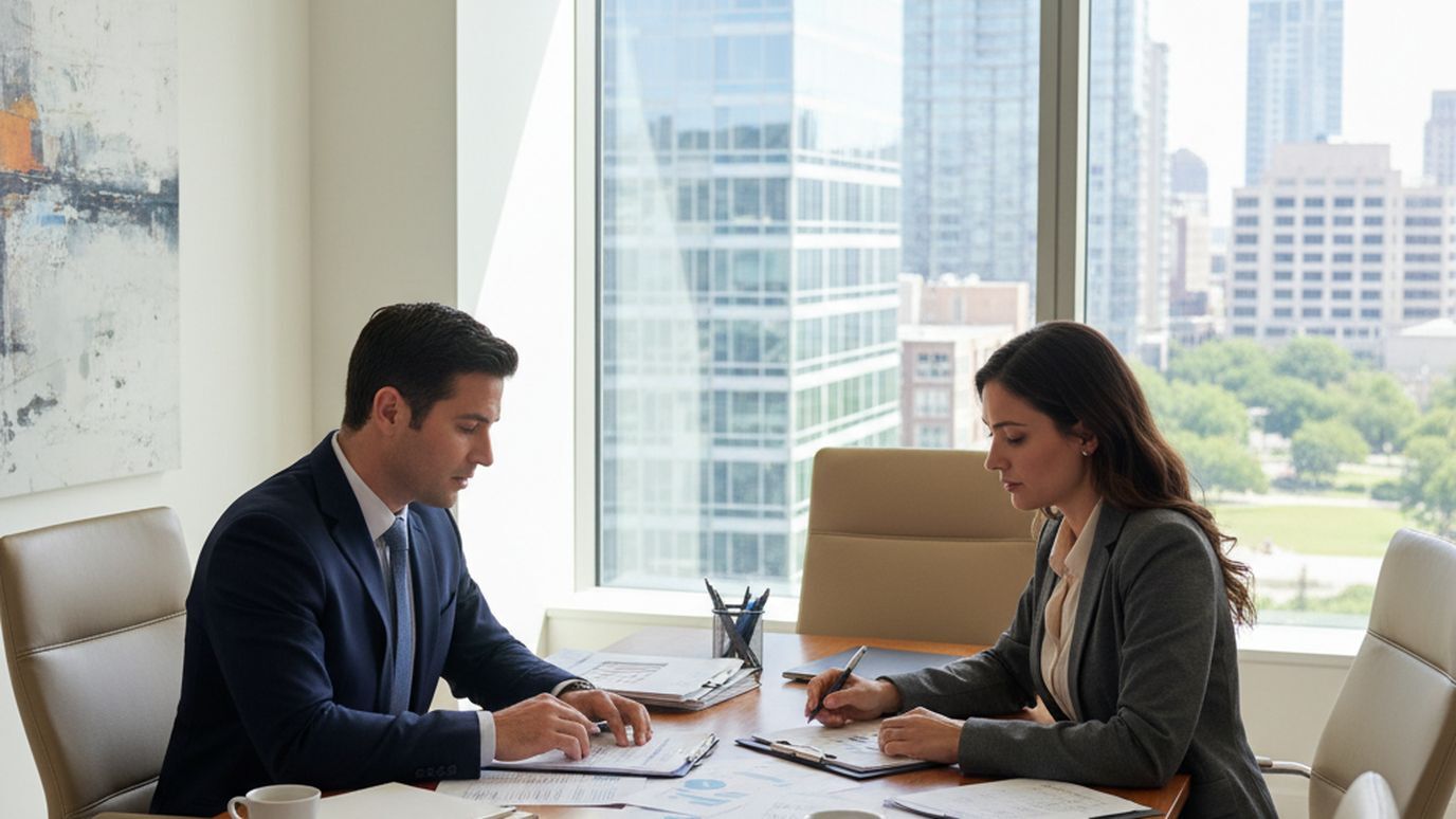 A loan officer and small business owner reviewing documents during a business loan consultation meeting